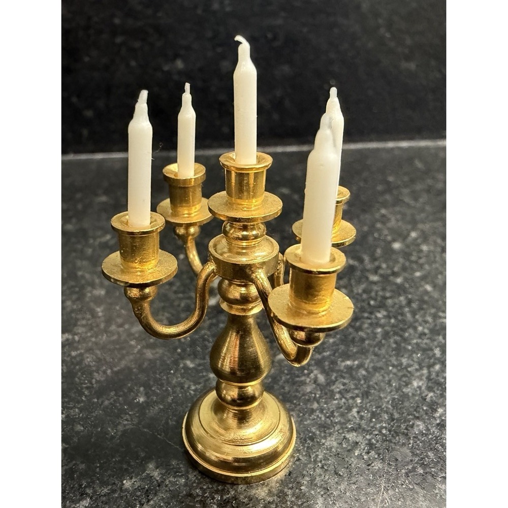 Vintage Solid Brass Dollhouse Miniature 5 Arm Candelabra Real Wax Candles 2"